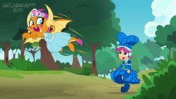 Size: 8000x4500 | Tagged: safe, artist:metalhead97, derpibooru import, scootaloo, smolder, dragon, equestria girls, equestria girls series, for whom the sweetie belle toils, what lies beneath, blushing, boots, clothes, commission, costume, cute, cutealoo, dragoness, dress, duo, duo female, equestria girls interpretation, eyeliner, eyes open, female, fist, flying, forest, forest background, hat, having fun, high heel boots, high heels, jewelry, jogging, looking at each other, looking back, makeup, open mouth, outdoors, princess smolder, race, running, scene interpretation, shoes, show accurate, skirt, skirt lift, skirt pull, skirtaloo, smolder also dresses in style, smolderbetes, tiara, tree