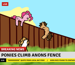 Size: 647x563 | Tagged: safe, artist:neuro, pinkie pie, oc, oc:frosty hooves, earth pony, pony, breaking news, climbing, female, fence, implied anon, mare, trio