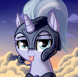 Size: 561x556 | Tagged: safe, artist:neuro, derpibooru import, silver sable, pony, unicorn, armor, bust, cloud, eye reflection, female, guardsmare, helmet, lidded eyes, looking at you, mare, mlem, reflection, royal guard, silly, solo, tongue out