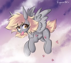 Size: 1350x1193 | Tagged: safe, artist:hydrargyrum, derpibooru import, derpy hooves, pegasus, pony, cute, derpabetes, female, flying, heart, looking at you, mare, mouth hold, solo, spread wings, wings