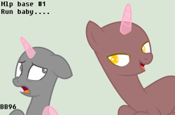 Size: 1024x672 | Tagged: safe, artist:bonbon9696, derpibooru import, oc, oc only, alicorn, pony, alicorn oc, bald, base, bust, duo, gray background, horn, open mouth, scared, simple background, wings