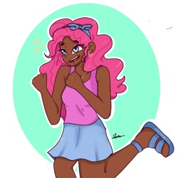 Size: 1080x1080 | Tagged: safe, artist:_denart, derpibooru import, pinkie pie, human, abstract background, clothes, dark skin, ear piercing, earring, hairband, humanized, jewelry, necklace, open mouth, piercing, sandals, skirt, smiling, solo