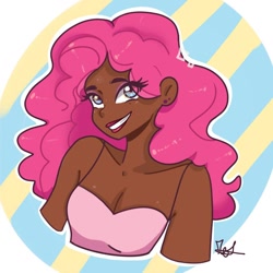 Size: 1080x1080 | Tagged: safe, artist:_denart, derpibooru import, pinkie pie, human, abstract background, breasts, bust, cleavage, clothes, dark skin, ear piercing, grin, humanized, looking at you, signature, smiling, solo