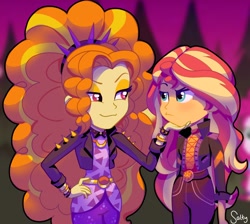 Size: 2378x2134 | Tagged: source needed, safe, artist:salty, derpibooru import, adagio dazzle, sunset shimmer, better together, equestria girls, rainbow rocks, sunset's backstage pass!, female, hand on chin, lesbian, shipping, smiling, smirk, sunsagio, sunset shimmer is not amused, unamused