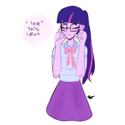 Size: 1080x1080 | Tagged: safe, artist:_denart, derpibooru import, sci-twi, twilight sparkle, equestria girls, bust, clothes, eyes closed, female, glasses, signature, simple background, solo, talking, white background