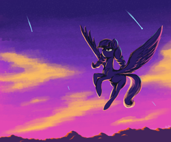 Size: 3000x2500 | Tagged: safe, artist:t72b, derpibooru import, inky rose, pegasus, pony, braided pigtails, cloud, female, flying, mare, missing accessory, mountain, mountain range, shooting star, sky, solo, stars, sunset