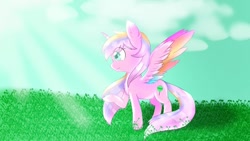 Size: 1080x607 | Tagged: safe, artist:aleuoliver, derpibooru import, oc, oc only, alicorn, pony, alicorn oc, cloud, grass, horn, outdoors, smiling, solo, wings