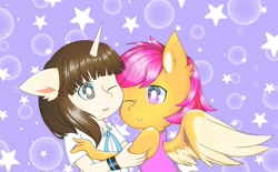 Size: 1080x670 | Tagged: safe, artist:aleuoliver, derpibooru import, scootaloo, oc, anthro, pegasus, unicorn, abstract background, bracelet, bust, clothes, female, horn, hug, jewelry, smiling, stars, unicorn oc, wnk