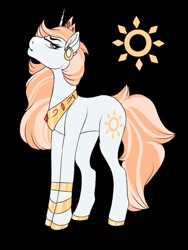 Size: 768x1024 | Tagged: safe, artist:starletapple, derpibooru import, oc, oc:summer solstice, pony, unicorn, black background, bracelet, crown, ear piercing, earring, female, jewelry, mare, offspring, parent:princess celestia, parent:rockhoof, peytral, piercing, regalia, simple background, solo