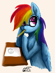 Size: 1536x2048 | Tagged: safe, artist:raphaeldavid, derpibooru import, rainbow dash, pegasus, pony, glasses, pencil, pencil in mouth, sketch, solo, thinking