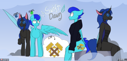 Size: 6200x3000 | Tagged: safe, artist:difis, derpibooru import, oc, oc only, oc:swift dawn, changeling, pegasus, pony, semi-anthro, blue changeling, blue eyes, changeling oc, commission, cutie mark, disguise, disguised changeling, eyebrows visible through hair, fangs, green eyes, high res, horn, looking at you, male, pegasus oc, reference sheet, simple background, smiling, smiling at you, solo, spread wings, wings