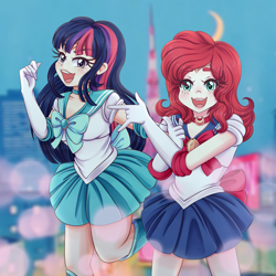 Size: 2700x2700 | Tagged: safe, artist:lucy-tan, derpibooru import, pinkie pie, twilight sparkle, human, clothes, commission, cosplay, costume, duo, duo female, female, humanized, magical girl, sailor moon