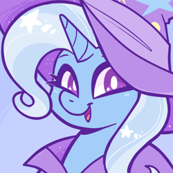Size: 640x640 | Tagged: safe, artist:pankekies, derpibooru import, trixie, blue background, cape, clothes, cute, diatrixes, hat, icon, simple background, solo, starry eyes, starry mane, trixie's cape, trixie's hat, wingding eyes