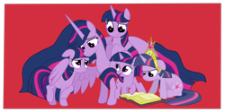 Size: 4000x2000 | Tagged: safe, artist:squipycheetah, derpibooru import, princess twilight 2.0, twilight sparkle, twilight sparkle (alicorn), unicorn twilight, alicorn, pony, unicorn, the last problem, big crown thingy, book, duality, ears, element of magic, female, filly, filly twilight sparkle, floppy ears, grumpy, grumpy twilight, hug, jewelry, missing accessory, older, older twilight, open mouth, raised hoof, raised leg, regalia, self paradox, self ponidox, winghug, wings, younger