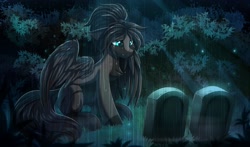 Size: 2612x1535 | Tagged: safe, artist:ask-colorsound, derpibooru import, oc, oc:rhea, crying, depressing, gravestone, rain, sad, tears of pain, this will end in tears