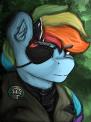 Size: 724x974 | Tagged: safe, artist:tekggd, derpibooru import, rainbow dash, pegasus, pony, clothes, das vaterland, eyepatch, female, mare, solo, venom snake