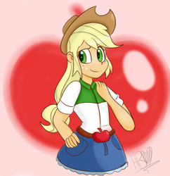 Size: 900x928 | Tagged: safe, artist:heartbeat420, derpibooru import, applejack, equestria girls, female, smiling, solo