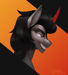 Size: 4000x4472 | Tagged: safe, artist:dashid, derpibooru import, king sombra, pony, unicorn, bust, grin, head, horn, lidded eyes, male, signature, smiling, solo, stallion