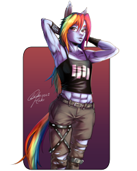 Size: 1200x1500 | Tagged: safe, artist:bakuhaku, derpibooru import, rainbow dash, anthro, armpits, black flag, buff, clothes, female, fishnet stockings, industrial piercing, lip piercing, muscles, muscular female, nose piercing, pants, piercing, punk, ripped pants, tanktop, torn clothes