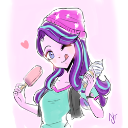 Size: 2000x2000 | Tagged: safe, artist:niorsaj, derpibooru import, starlight glimmer, human, equestria girls, beanie, clothes, cute, female, food, glimmerbetes, hat, heart, high res, ice cream, one eye closed, solo, that human sure does love ice cream, wink