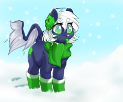 Size: 2449x2033 | Tagged: safe, artist:melpone, derpibooru import, oc, oc:lilith (dollpone), earth pony, pony, clothes, earmuffs, female, mare, scarf, snow, socks, solo, tongue out