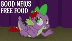 Size: 1920x1080 | Tagged: safe, derpibooru import, edit, edited screencap, editor:quoterific, screencap, spike, dragon, horse play, food, male, on stomach, solo, teeth, tomato