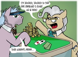 Size: 500x365 | Tagged: safe, artist:owlor, derpibooru import, mayor mare, earth pony, pony, casablanca, cigarette, coin, dialogue, female, from the desk of mayor mare, gambling, hypocritical humor, male, mare, open mouth, smoking, stallion