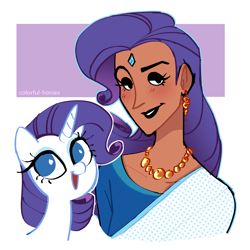 Size: 2500x2500 | Tagged: safe, artist:watchoutoprah, derpibooru import, rarity, human, pony, unicorn, alternate hairstyle, dark skin, duo, ear piercing, earring, eyeshadow, female, grin, humanized, indian, jewelry, lipstick, makeup, mare, necklace, open mouth, piercing, self paradox, self ponidox, smiling