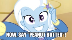 Size: 667x374 | Tagged: safe, derpibooru import, edit, edited screencap, screencap, trixie, human, better together, do it for the ponygram!, equestria girls, caption, cute, diatrixes, female, image macro, imgflip, looking at you, solo, teeth, text, that human sure does love peanut butter crackers