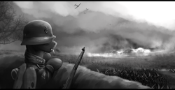 Size: 2100x1080 | Tagged: safe, artist:richmay, derpibooru import, oc, oc only, changeling, equestria at war mod, cigarette, clothes, german, grayscale, helmet, military, military uniform, monochrome, smoking, soldier, solo, uniform, war, weapon, wings, world war ii