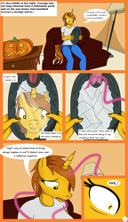 Size: 1500x2600 | Tagged: safe, artist:nitefire, derpibooru import, oc, oc only, oc:courage fire, anthro, unicorn, comic:the cursed mirror, breasts, clothes, comic, digital art, female, halloween, holiday, horn, jack-o-lantern, magic, mirror, pants, pumpkin, shirt, shrunken pupils, sitting, sofa, solo, solo female, speech bubble, tail, text