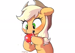 Size: 2048x1446 | Tagged: safe, artist:mochi_nation, derpibooru import, applejack, earth pony, pony, apple, applejack's hat, biting, clothes, cowboy hat, eating, food, hat, juice, that pony sure does love apples