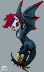 Size: 1600x2560 | Tagged: safe, artist:raphaeldavid, derpibooru exclusive, derpibooru import, oc, oc only, oc:atricia firestone, cockatrice, cockatrice pony, hybrid, monster pony, original species, angry, fangs, female, flying, gray background, hole, hybrid oc, looking at you, mare, red eyes, simple background, solo, wing arms