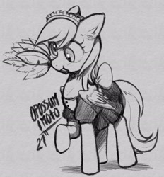 Size: 2751x2964 | Tagged: safe, artist:opossum_imoto, derpibooru import, derpy hooves, pegasus, pony, bowtie, clothes, cute, duster, maid, monochrome, raised hoof, raised leg, solo