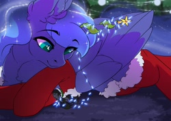 Size: 3507x2481 | Tagged: safe, artist:arctic-fox, derpibooru import, princess luna, oc, alicorn, bat pony, pony, bat pony oc, macro, macro/micro, micro, size difference, string lights