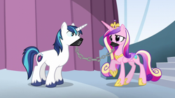 Size: 1280x720 | Tagged: safe, derpibooru import, edit, edited screencap, screencap, princess cadance, shining armor, alicorn, pony, unicorn, 1000 hours in ms paint, chains, duo, episode needed, female, gag, male, muzzle gag