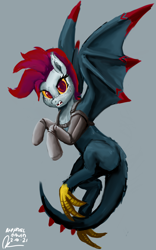 Size: 1600x2560 | Tagged: safe, artist:raphaeldavid, derpibooru import, oc, oc only, oc:atricia firestone, cockatrice, cockatrice pony, hybrid, monster pony, original species, amputee, angry, fangs, female, flying, gray background, hybrid oc, looking at you, mare, prosthetic limb, prosthetics, red eyes, robotic legs, simple background, solo, wing arms