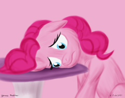 Size: 1400x1100 | Tagged: safe, artist:rockhoppr3, derpibooru import, pinkie pie, earth pony, pony, too many pinkie pies, ears, floppy ears, sad, scene interpretation, solo, table