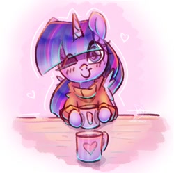 Size: 1022x1018 | Tagged: safe, artist:musicfirewind, derpibooru import, twilight sparkle, twilight sparkle (alicorn), alicorn, pony, blushing, clothes, cute, female, looking at you, mare, mug, one eye closed, sweater, twiabetes, wink, winking at you