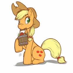 Size: 1250x1250 | Tagged: safe, artist:lou_art_93, derpibooru import, applejack, earth pony, pony, apple, bucket, female, food, looking sideways, mare, mouth hold, raised hoof, raised leg, signature, simple background, sitting, solo, white background