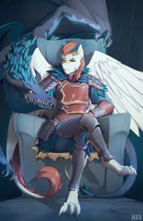 Size: 2000x3082 | Tagged: safe, artist:okata, derpibooru import, oc, oc:nuria wintersbane, anthro, dracony, dragon, hybrid, armor, female, looking at you, sitting, throne, wyvern