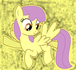 Size: 837x777 | Tagged: safe, artist:katliynrusshia, derpibooru import, parasol, pegasus, pony, background pony, base used, blank flank, female, flying, hooves, mare, missing cutie mark, pointing, showers (character), simple background, smiling, yellow background