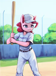 Size: 1900x2570 | Tagged: safe, artist:mrscroup, derpibooru import, pinkie pie, anthro, earth pony, baseball, baseball bat, baseball cap, cap, clothes, cutie mark accessory, ear fluff, ears, female, hat, mare, outdoors, solo, sports