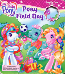 Size: 1280x1450 | Tagged: safe, artist:heckyeahponyscans, artist:lyn fletcher, derpibooru import, cupcake (g3), minty, sunny daze (g3), earth pony, pony, g3, bag, bipedal, blowing, book, braid, bubble, bubble wand, clipboard, clothes, cover, cover page, dandelion, female, flag, flower, flying, jump rope, kicking, liquid soap, official, official book, pony field day, ponytail, ribbon, scrunchie, soap, soccer ball (object), t-shirt, trio, trio female, visor, whistle