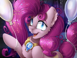 Size: 2224x1668 | Tagged: safe, artist:mychelle, derpibooru import, pinkie pie, earth pony, pony, balloon, balloons, chest fluff, confetti in mane, ear fluff, ears, element of laughter, fluffy, jewelry, looking at you, necklace, open mouth, solo
