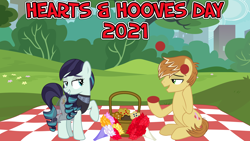 Size: 2064x1160 | Tagged: safe, anonymous artist, derpibooru import, coloratura, feather bangs, earth pony, pony, 2021, ball, basket, bouquet, colorabangs, date, dating, female, flirting, flower, food, hearts and hooves day, holiday, juggling, looking at each other, male, muffin, nudity, open mouth, park, picnic, picnic basket, picnic blanket, relaxing, shipping, sitting, smiling, song reference, straight, teeth, valentine's day, youtube link in the description