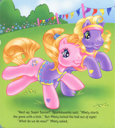 Size: 1280x1428 | Tagged: safe, artist:heckyeahponyscans, artist:lyn fletcher, derpibooru import, cupcake (g3), daisyjo, g3, clothes, decoration, flower, greener than green meadow, headband, implied minty, implied sparkleworks, mini flags, official, official book, playing, pole, pony field day, running, scrunchie, super soccer, t-shirt