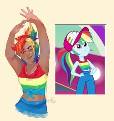 Size: 746x791 | Tagged: safe, artist:bunnari, derpibooru import, rainbow dash, human, better together, equestria girls, i'm on a yacht, alternate hairstyle, armpits, baseball cap, cap, dark skin, female, hat, humanized, nail polish, one eye closed, solo, wink