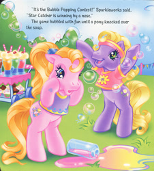 Size: 1280x1419 | Tagged: safe, artist:heckyeahponyscans, artist:lyn fletcher, derpibooru import, cupcake (g3), daisyjo, earth pony, pony, g3, bipedal, bubble, cart, clothes, cupcake, decoration, ear down, flower, food, happy, headband, implied sparkleworks, implied star catcher, liquid soap, mini flags, open mouth, pole, pony field day, ponytail, popping, sad, scrunchie, shocked, shocked expression, soap, soda, spilled, straw, t-shirt