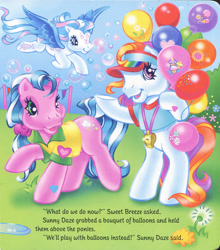 Size: 1280x1453 | Tagged: safe, artist:heckyeahponyscans, artist:lyn fletcher, derpibooru import, star catcher, sunny daze (g3), earth pony, pegasus, pony, g3, balloon, bipedal, bubble, clothes, dandelion, decoration, flower, flying, holding balloons, liquid soap, looking at you, mini flags, official, official book, open mouth, pole, polo shirt, pony field day, ponytail, scrunchie, shirt, soap, sweet breeze, t-shirt, unsure, visor, whistle
